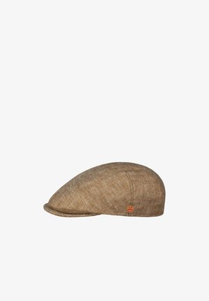 Brown herringbone tweed flat cap with a small circular emblem on the side, displayed against a white background.