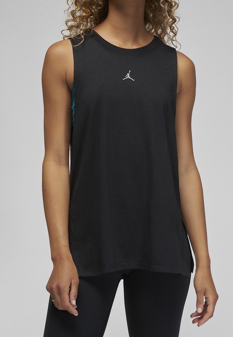 Black sleeveless athletic tank top with round neckline, made of soft cotton, featuring a small white Jordan logo on the chest.
