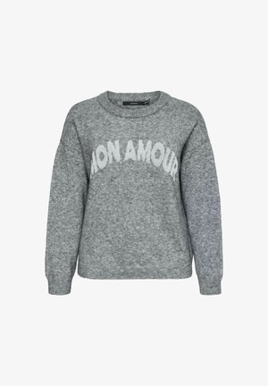 Maglione grigio lavorato a maglia con scollatura rotonda, spalle scese e la scritta "MON AMOUR" ricamata sul petto in grigio chiaro. Texture morbida.