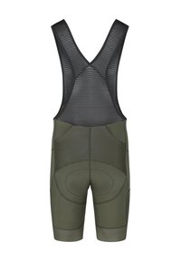 Dark green cycling bib shorts made of stretchy material with a textured black mesh upper. Features padded seat and side pockets for storage.