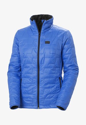 Niebieska kurtka izolacyjna o pikowanym wzorze, z zamkiem z przodu, wysokim kołnierzem i czarnymi akcentami. Wykonana z błyszczącego, gładkiego materiału.