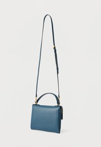 Blue leather handbag with a structured shape, top handle, and detachable shoulder strap. Features gold hardware and textured finish.