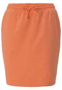 Falda de algodón naranja con una cinturilla elástica y cordón ajustable, que presenta una textura suave y un corte a la altura de la rodilla.