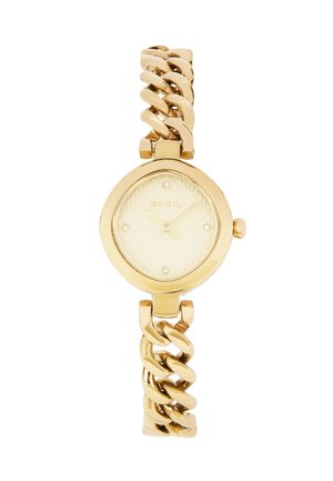 Gold-tone wristwatch with a chunky chain-link bracelet and a round face featuring four small crystal markers.
