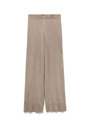 Beige wijde gebreide broek met geribde tailleband en manchetten, met een scalloped zoomdetail.