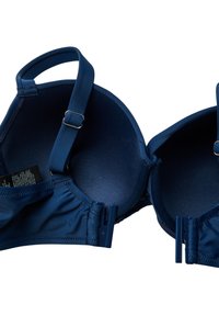 Reggiseno blu navy con coppe preformate, spalline regolabili e chiusura a gancio. Texture liscia, con design minimale senza pattern visibili.