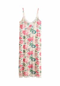 Kreemivärvi lilleline unejakk, millel on roosa ja sinine lillemuster, reguleeritavad rihmad ja pitsääris kaeluses ja hemil.