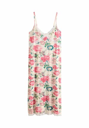 Floral nightgown in cream fabric, featuring pink and blue flower patterns, adjustable straps, and lace trim along the neckline and hem.