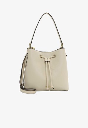 Cremfarbene Leder-Eimerhandtasche mit einem Kordelzugverschluss, kontrastierenden schwarzen Verzierungen und einem abnehmbaren Schulterriemen. Goldenes Logo-Detail auf der Vorderseite.