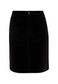 Jupe mini en denim noir avec fermeture par boutons et zip à l'avant, passants de ceinture et couture visible au centre.