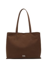 Ruda drobės pirkinių maišelis su dviem petnešomis, turintis paprastą dizainą ir subtilų prekės ženklo logotipą apačioje. Sklandži textūra, jokie matomi raštai.