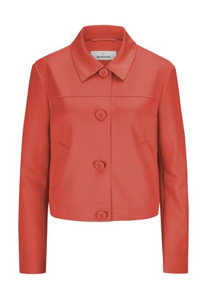 Red faux leather jacket with a collared neckline, front buttons, and side pockets, featuring a cropped design and smooth texture.
