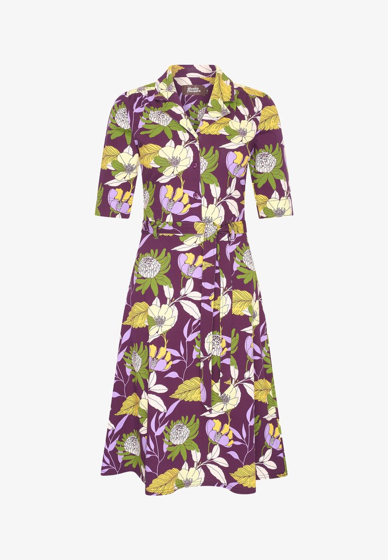Purple dress with floral print featuring yellow, green, and lilac colors. Collar, three-quarter sleeves, and a belt at the waist.