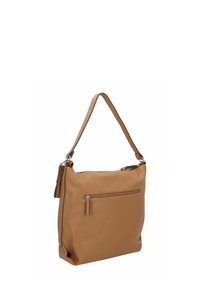 Tasche aus braunem Leder mit strukturiertem Finish, einem verstellbaren Tragriemen und einer vorderen Reißverschlusstasche. Geräumige und weiche Verarbeitung.