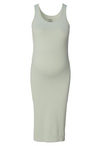 Robe à bretelles côtelée de couleur vert menthe clair. Forme ajustée avec un ourlet à hauteur des genoux. Texture de tissu douce et design minimaliste sans embellissements.