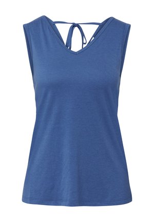 Blauwe mouwloze top van zacht stof, met een V-hals en een striksluiting aan de achterkant, met een relaxte pasvorm en een gladde textuur.