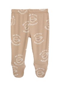 Leggings per neonati beige con testo stampato bianco "Il mio primo Babyccino" e un disegno di una tazza sorridente, caratterizzati da uno stile con piedini e una texture a coste.