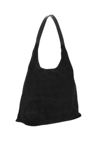 Schwarze Hobo-Tasche aus Wildleder mit einem breiten, weichen Korpus und einem glatten, flachen Leder-Schulterriemen. Verfügt über ein minimalistisches Design ohne sichtbare Beschläge.