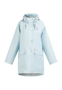 Giacca impermeabile blu chiaro con cappuccio, bottoni a scatto, due tasche frontali, dettagli con cordoncino e logo nella zona del petto.