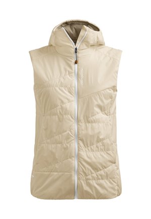 Light beige puffy vest featuring a hood, zip closure, diagonal quilted design, and contrasting white zipper. No sleeves.