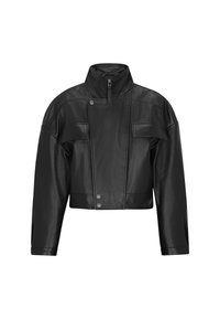 Zwarte leren cropped jack met een hoge kraag, een rits met voorkant, twee steekzakken en een hoekig schouderontwerp. Gladde textuur en gedetailleerde stiksels.