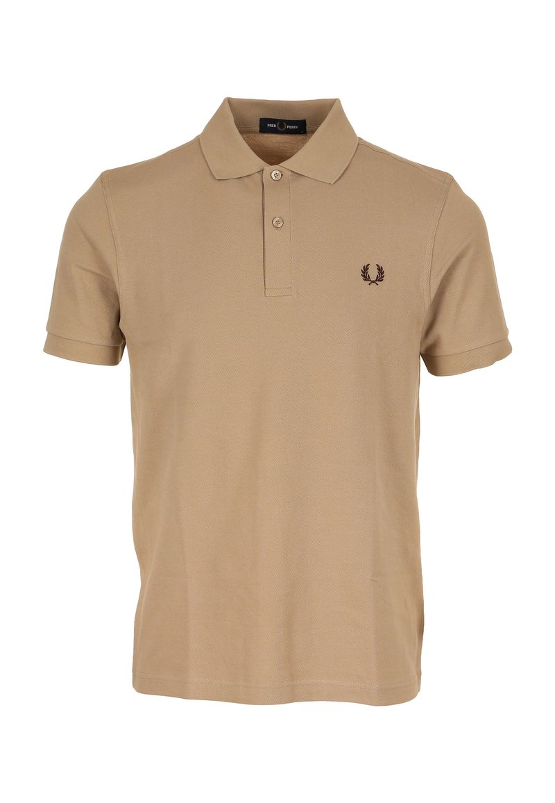 Beige polo shirt van katoen, met een knoopsluiting met twee knopen, korte mouwen en een geborduurd logo in donkerbruin op de linkerborst.