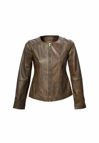 Bruine leren jas met een ronde hals, lange mouwen en een rits aan de voorkant. Kenmerken zijn gestructureerde naden en een getailleerde pasvorm.