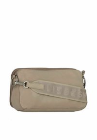 Beige Leder Umhängetasche mit einem beigen Stoffriemen, der den eingeprägten Text "LIEBESK" trägt. Rechteckige Form mit einem Reißverschluss und silbernem Beschlag.