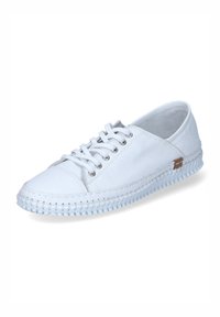 Weisse Canvas-Sneaker mit runder Zehenpartie, Schnürdesign, silbernen Ösen, strukturiertem weissen Gummisohle und subtilen braunen Akzentdetails.