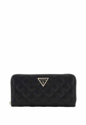 Portafoglio nero trapuntato con zip su tutto il giro e logo Guess a triangolo argento centrato sul davanti.