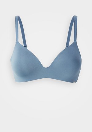 Blauwe, driehoekige beha met dunne verstelbare bandjes, gladde textuur en minimalistisch ontwerp. Geen versieringen of patronen.