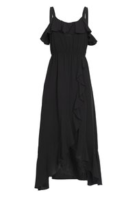 Abito maxi nero con spalline, scollatura arricciata, vita aderente e orlo asimmetrico. Realizzato in tessuto leggero, con una caduta fluida.