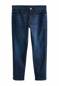 Dark blue denim jeans with a straight cut, five-pocket design, and silver button closure. Smooth texture with subtle fading.