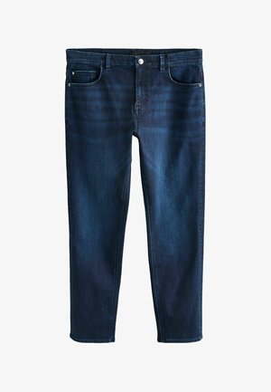 Mørkeblå denimjeans med lige pasform, fem-lomme design og sølvknaplukning. Glat tekstur med subtil bleget effekt.