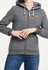 Sudadera con cremallera gris de tejido suave, con forro a rayas en color azul marino, cordón con detalles amarillos y logo amarillo en la manga.