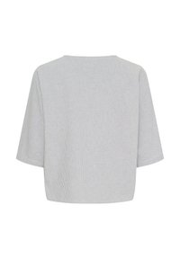 Grå og hvid stribet kortærmet top med en afslappet, boxy pasform og en bred rund hals. Blød tekstur med subtile lodrette linjer.