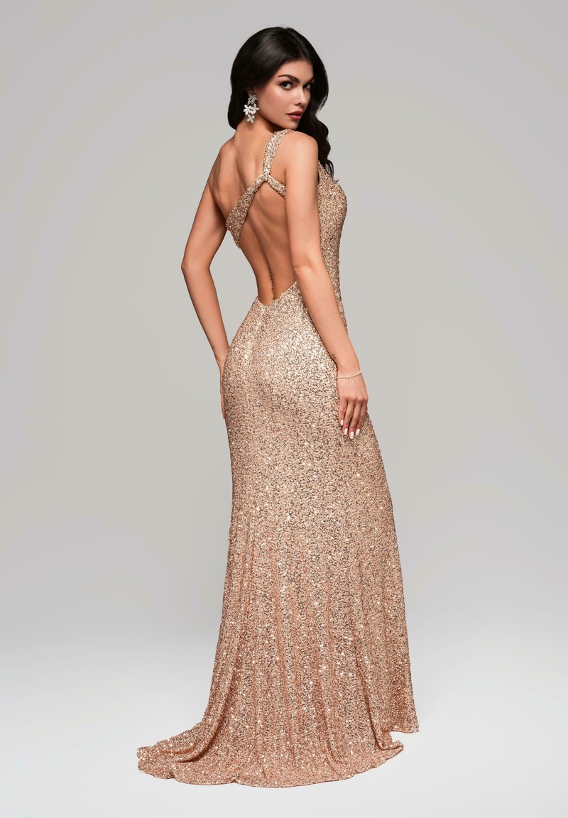 tan gold bridesmaid dresses Rose Gold and Burgundy Sequin Maxi Dress