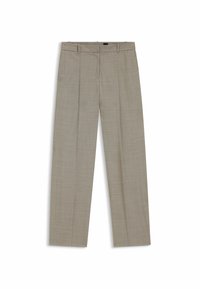 Pantaloni crema a pieghe con vestibilità su misura, dotati di passanti per la cintura e davanti piatto. Il tessuto ha una texture sottile, che conferisce un aspetto sofisticato.