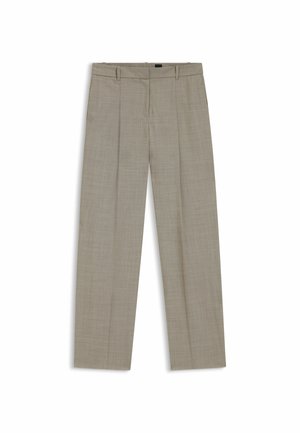 Beige pleated trousers with a tailored fit, featuring belt loops and a flat front. Fabric has a subtle texture, providing a sophisticated look.