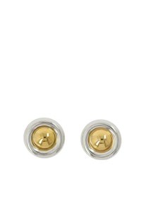 Okrągłe kolczyki z połyskującym żółtym środkiem otoczonym polerowanym, srebrnym pierścieniem zewnętrznym, o gładkiej fakturze i minimalistycznym designie.