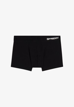Boxer de algodón negro con apertura frontal y cinturilla elástica suave con un logotipo blanco. Diseño clásico y ajustado.