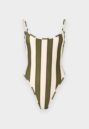Jednodielne plavky s vertikálnymi olivovo zelenými, hnedými a béžovými pruhmi a tenkými ramienkami na jednofarebnom pozadí.