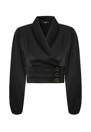 Giacca nera accorciata con collo a scialle, lunghe maniche a sbuffo e tre bottoni color oro su una vita plissè. Texture liscia e simile alla satin.