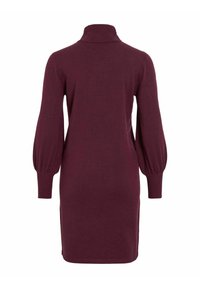 Bordeauxfarbendes Strickkleid mit hochgeschlossenem Kragen und langen, ballonförmigen Ärmeln. Verfügt über einen leicht lockeren Schnitt und einen geraden Saum.