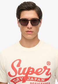Svarte firkantede solbriller båret over en lysebeige t-shirt med fed rød tekst, der lyder "Super Dry Japan."
