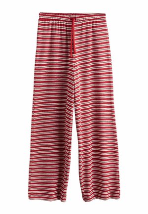 Pletené kalhoty s červenobílými horizontálními pruhy, elastickým pasem a červeným šňůrkovým stahováním, široký střih nohavic.