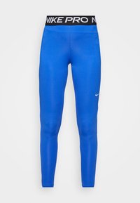 Modré sportovní legíny Nike Pro s vysokým pasem, vybavené černým pásem a bílým logem Nike, zobrazené v plochém uspořádání na bílém pozadí.