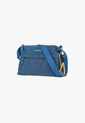 Bolso bandolera sintético azul con cierre de cremallera, correa ajustable y detalle decorativo amarillo. Cuenta con múltiples bolsillos exteriores.