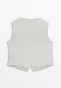 Jasnoszara kamizelka bez rękawów o dopasowanym kroju, wykonana z gładkiej tkaniny. Posiada wysoki dekolt i kątowy dół z tyłu.