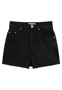 Černé džínové šortky s vysokým pasem, s pěti kapsami, zapínáním na knoflík a otočeným lemem. Hladká textura a klasický design.